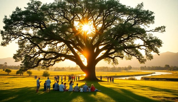 Be Faithful to God and His Investment A big tree shades a group of people enjoying the golden light of the setting sun showing - faithful to God