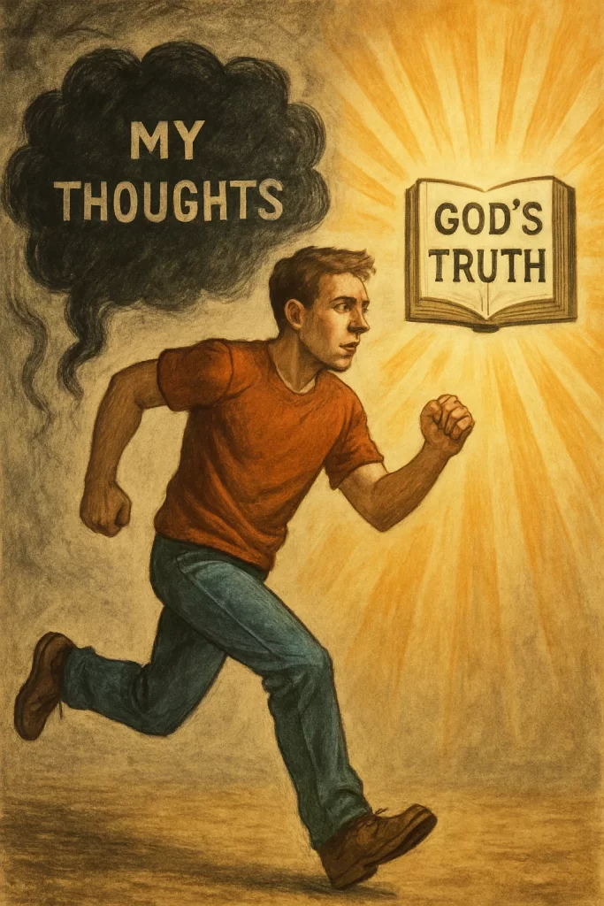Can You Trust Your Thoughts? a man running away from his thoughts but running towards Gods truth